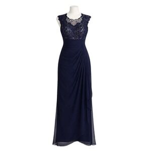 Xscape Navy Lace Bodice Cap-Sleeve Maxi Dress